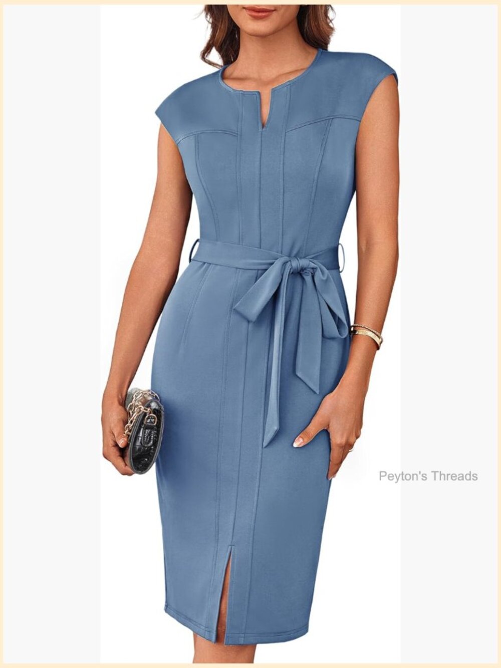 Womens Wear to Work Bodycon Midi Dress Cap Sleeve Belted Pencil Church Dress